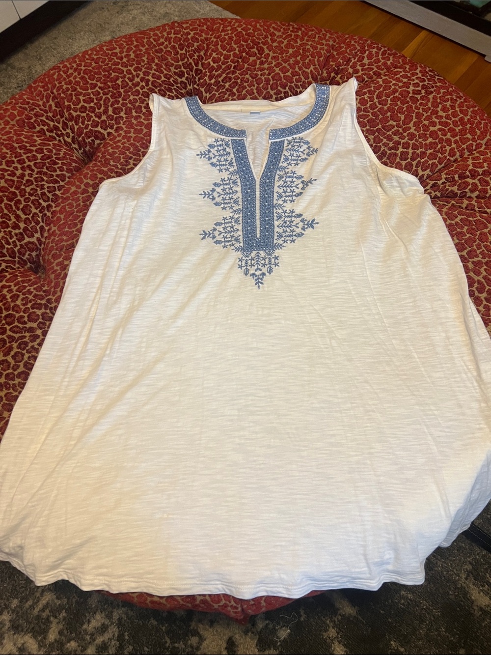J. Jill White Sleeveless Tank with Blue Embroidered Yoke
